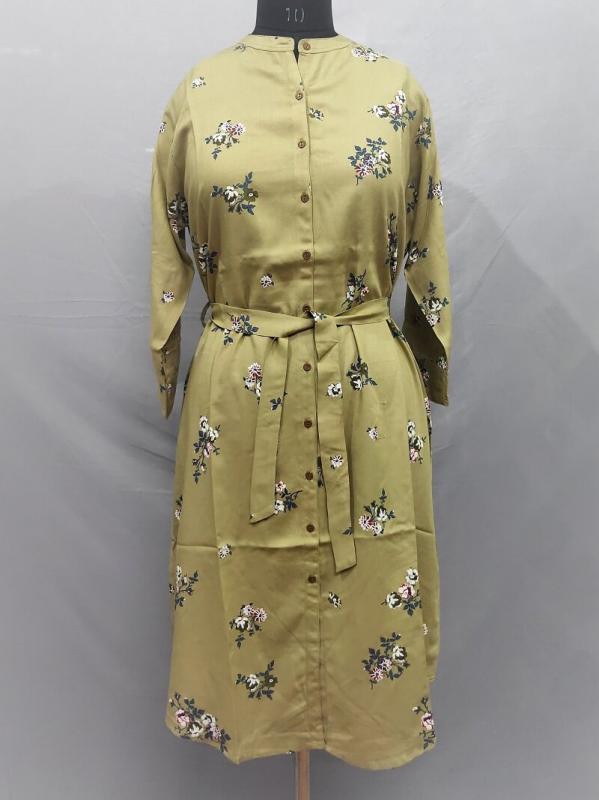 Olive Floral Cotton Midi with Waist Tie